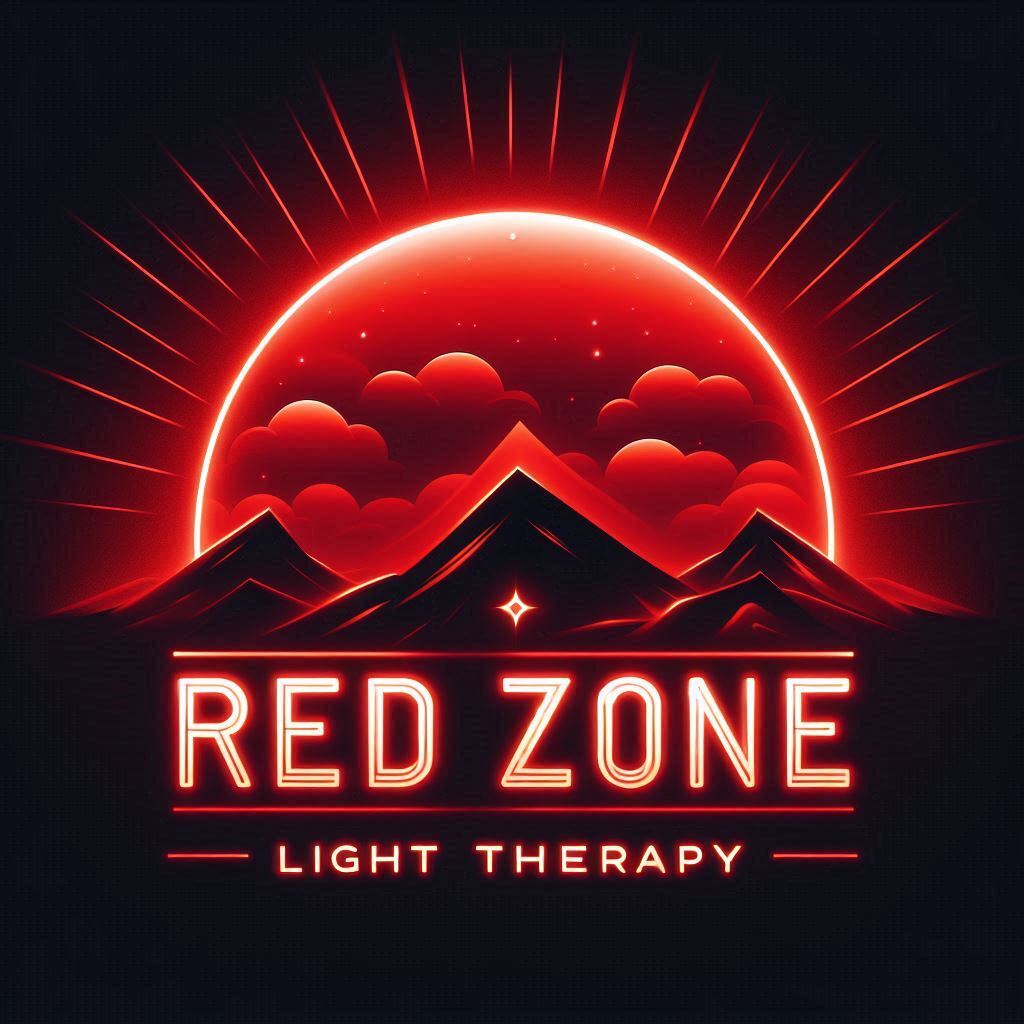 RED ZONE LIGHT THERAPY logo with bold sans-serif font, fiery red gradient, neon glow effect, and sleek professional design 5-1